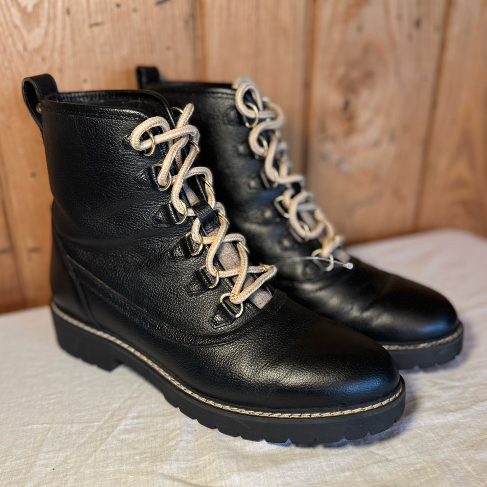 Crevo Canary Black Leather Combat Booties, Women’s 8.5